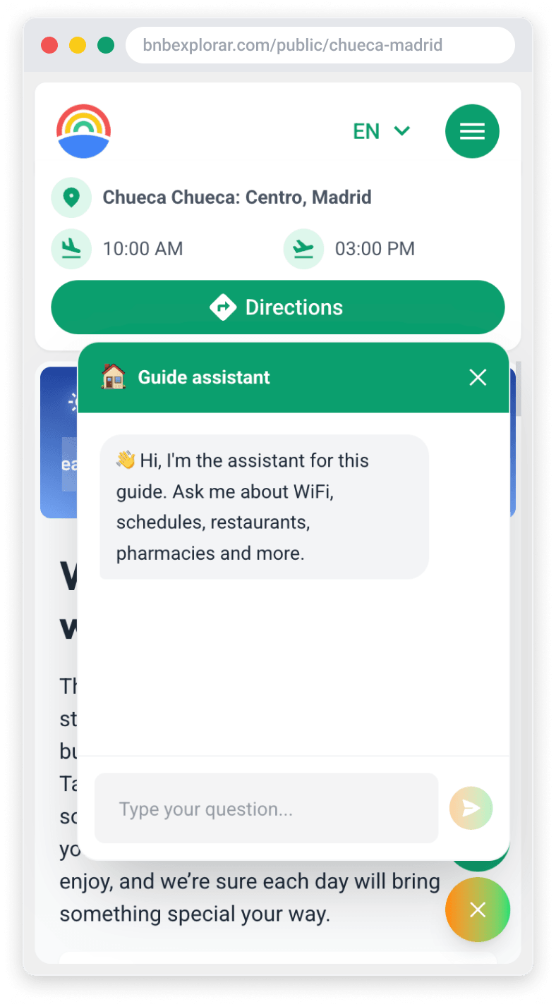 Virtual assistant answering guest questions within the guide