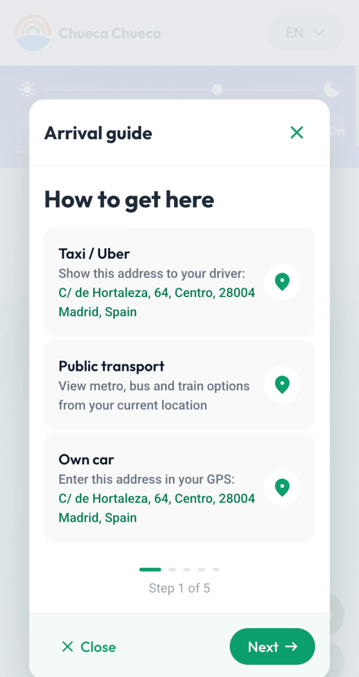 Check-in and check-out schedule section in the accommodation guide