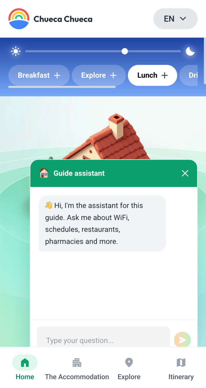 Virtual assistant answering guest questions within the guide